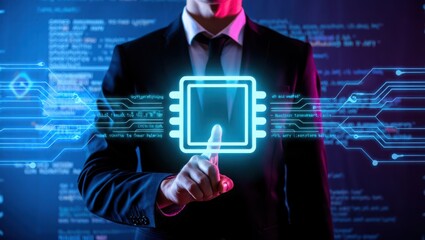 Artificial intelligence ai technology concept businessman touching digital chip icon