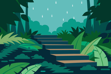rainy jungle trail with stone steps  lush plants  