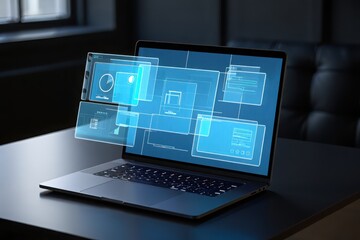 Futuristic laptop with transparent interface for software development and design work