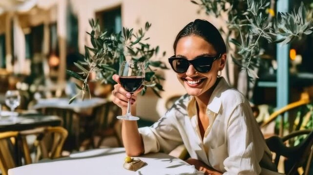 Elegant woman in sunglasses enjoying siesta with glass of red wine in street cafe, woman raising glass and smiling looking at camera, camera panning left and camera shaking handheld shot