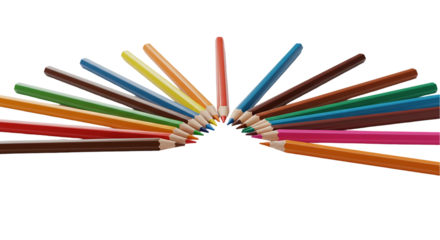 A vibrant collection of colored pencils arranged in a creative semicircle evoking imagination on transparent background
