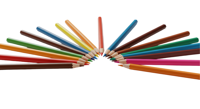 A vibrant collection of colored pencils arranged in a creative semicircle evoking imagination on transparent background - Powered by Adobe