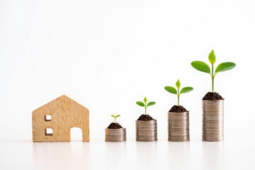 Real estate investment growth concept with house and money coins stack and plant sprout