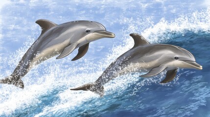 Naklejka premium A pair of dolphins gliding just beneath the surface of the ocean