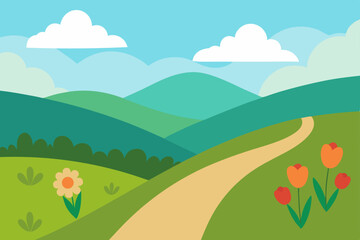 Obraz premium vector peaceful countryside road with blooming 