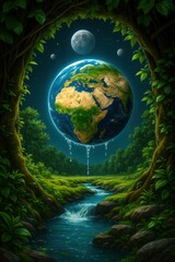 Floating Earth over natural landscape with river and water drops