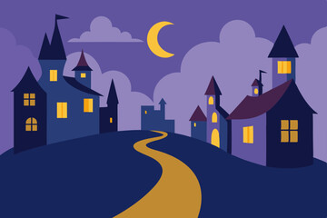 vector style fairytale village with crooked chimne.svg