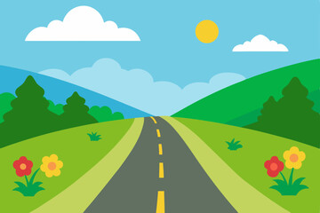 Fototapeta premium vector sunny countryside road lined with wildflowe 