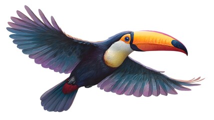 Naklejka premium Toucan in mid-air, colorful beak leading the motion, flapping wings, transparent background