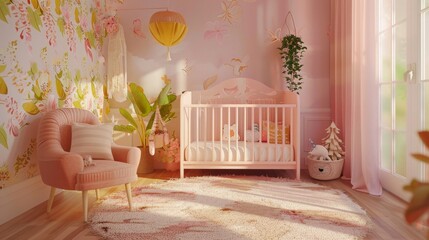 Pink nursery with crib, floral wallpaper, rug, chair, and toys. Sunny, pastel tones. AI generative.