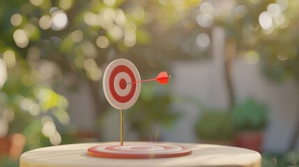Red arrow hitting the center of a target with red rings, against a blurred green backdrop. AI generative..