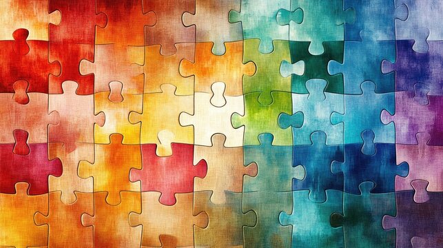 Colorful puzzle piece pattern interlocked across a neutral base