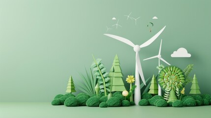 Green backdrop featuring windmills, trees, and stylized foliage. Sustainable energy concept with wind turbines. AI generative..