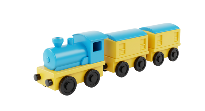 A whimsical blue and yellow toy train ready for imaginary adventures sparking childhood dreams on transparent background