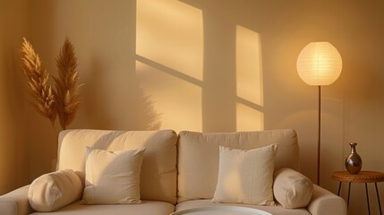 Cozy beige sofa, pillows, decorative grass, soft light, floor lamp, warm tones. Home interior. AI generative..