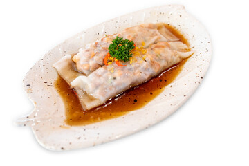 Top view of Cha siew pork wrapped noodle, focus selective