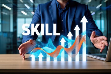 Skill development and career growth concept with arrows and business person in suit