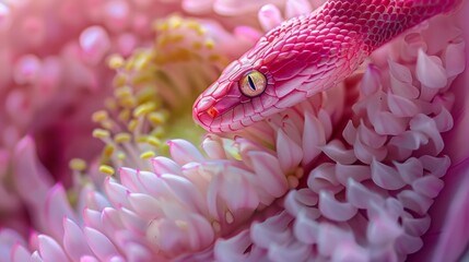 Close-up of a pink snake nestled in flower petals, focus on its yellow eye. AI generative..