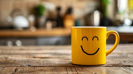 Yellow mug with a smiling face on a wooden table. Kitchen background. AI generative.