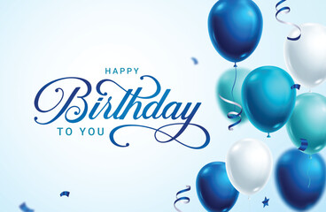 Fototapeta na wymiar Happy birthday invitation card clipart background. Birthday greeting text and wishes clip art with floating blue balloons decoration elements vector illustration. 