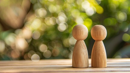 Two wooden figures on a table, with green bokeh background, symbolizing togetherness and nature. AI generative..