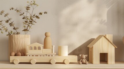Wooden train, house, vase with flowers, and small doll on a shelf. Earth tones. AI generative.