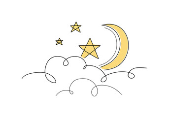 A minimalist line art illustration of a crescent moon and three stars above soft clouds