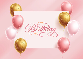 Happy birthday pink greeting clipart template. Birthday girl invitation card in pink background with elegant balloons floating clip art elements decoration vector illustration. 
