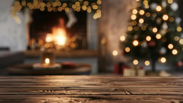 Cozy holiday setting with warm fireplace light. A wooden surface in the foreground gives a sense of rustic charm, complemented by blurred Christmas tree and gifts.
