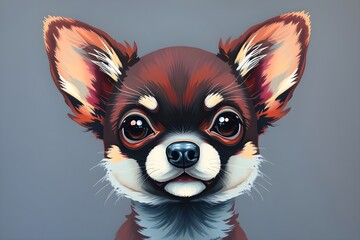 A digital illustration of a Chihuahua with exaggerated large eyes and ears, featuring warm brown and white tones. The dog exudes a curious and playful expression, set against a muted gray background