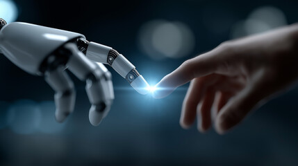 Symbolic Interaction of Man and Machine with Holograms and Futuristic Light Effects, AI and human connection, futuristic technology, digital mesh background, holographic interface, glowing particles,