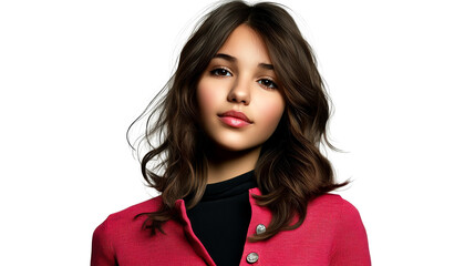 Portrait of Hispanic girl, red jacket, dark hair, isolated, cut out transparent