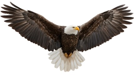 Obraz premium Bald eagle soaring with wings fully spread, intense gaze, isolated on white background