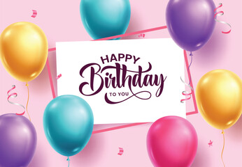 Birthday greeting card clipart template. Happy birthday invitation and wishes text in frame with colorful balloons elements floating clip art in pink background vector illustration.   © AmazeinDesign