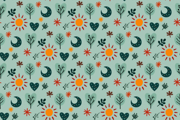 Vibrant floral seamless pattern. Stylized suns, leaves, and hearts in refreshing teal and green. Great for apparel, home decor, and wrapping paper. Cheerful, natural aesthetic