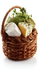 Obraz premium National Cheese Day. Assorted cheeses in woven basket with fresh herbs on white background