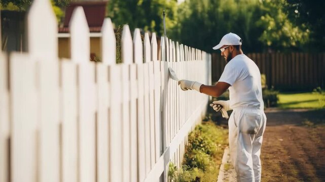 man painting the fence in white color