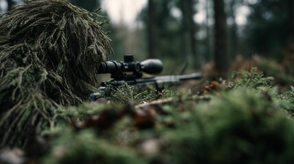 Camouflaged sniper aiming in forest.