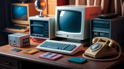 Fototapeta premium Old fashioned computer. Retrofuturism, history of technology, cyberpunk and digital culture of the 80s-90s