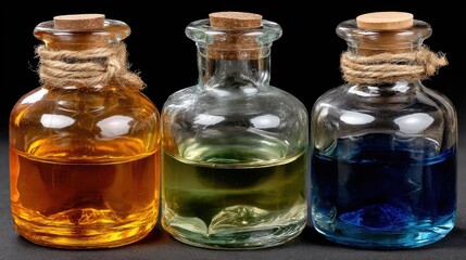 Three colorful glass bottles filled with orange, green, and blue liquids
