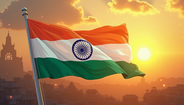 Glorious Indian Flag Flying at Sunset with Orange Sky and Mountains