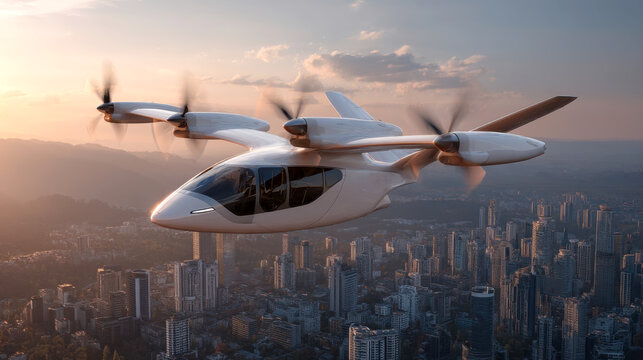 Futuristic electric air taxi flying over urban cityscape at sunset