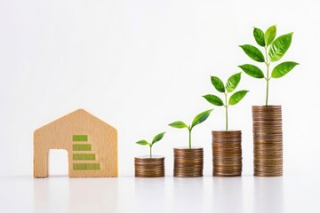 Real estate investment growth concept with house and money coins and plant sprouts