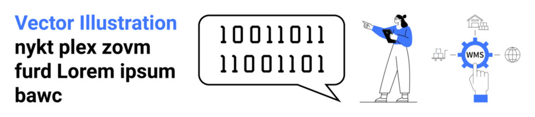 Binary code in speech bubble, person with tablet pointing at cloud computing gear. Ideal for technology, coding, communication, cloud storage, AI, innovation, simple landing page