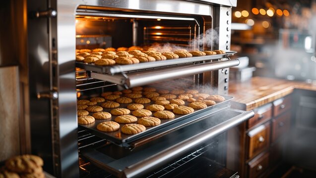 A shot of a commercial oven filled with trays of freshly baked cookies.