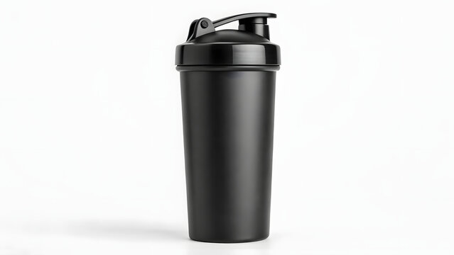 Black protein shaker cup mockup with twist cap on beige surface, minimalist fitness bottle template for workout nutrition and gym accessory design
