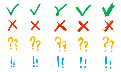 Check marks cross mark question marks and exclamation points. Vector illustration