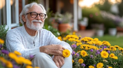 Joyful elderly man sitting in garden surrounded by vibrant flowers