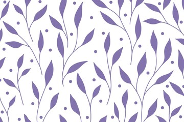 Seamless purple floral leaves and dots pattern on white background. Elegant botanical, plant, foliage pattern ornament design for wallpaper, print, decoration, textile, fabric, card, packaging, etc.