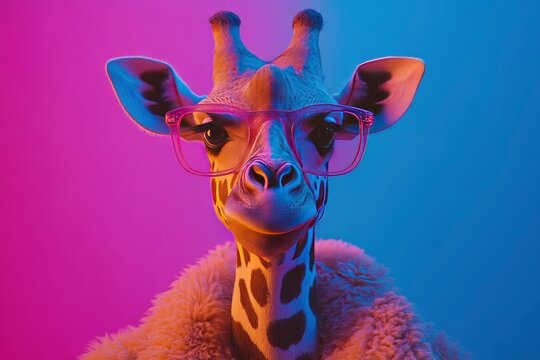 giraffe in glasses on pink background. charm and intelligence. humanized animal character. advertising, fashion, or whimsical design concepts.
